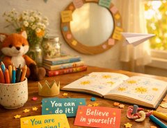 Cozy nook with affirmation cards, a sketchbook, and confidence quotes, illuminated by warm afternoon sunlight.