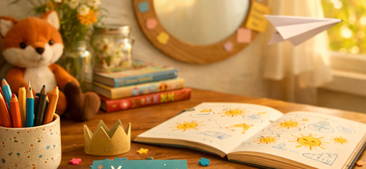 Cozy nook with affirmation cards, a sketchbook, and confidence quotes, illuminated by warm afternoon sunlight.